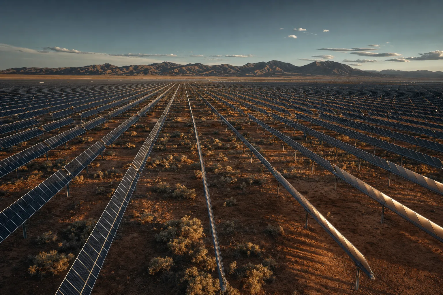 Aerial view of long rows of utility-scale solar tracker arrays across a desert basin in late-afternoon light.